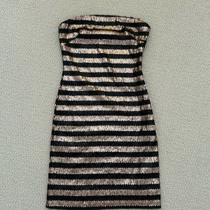 Short strapless rose gold and black sequin party dress
